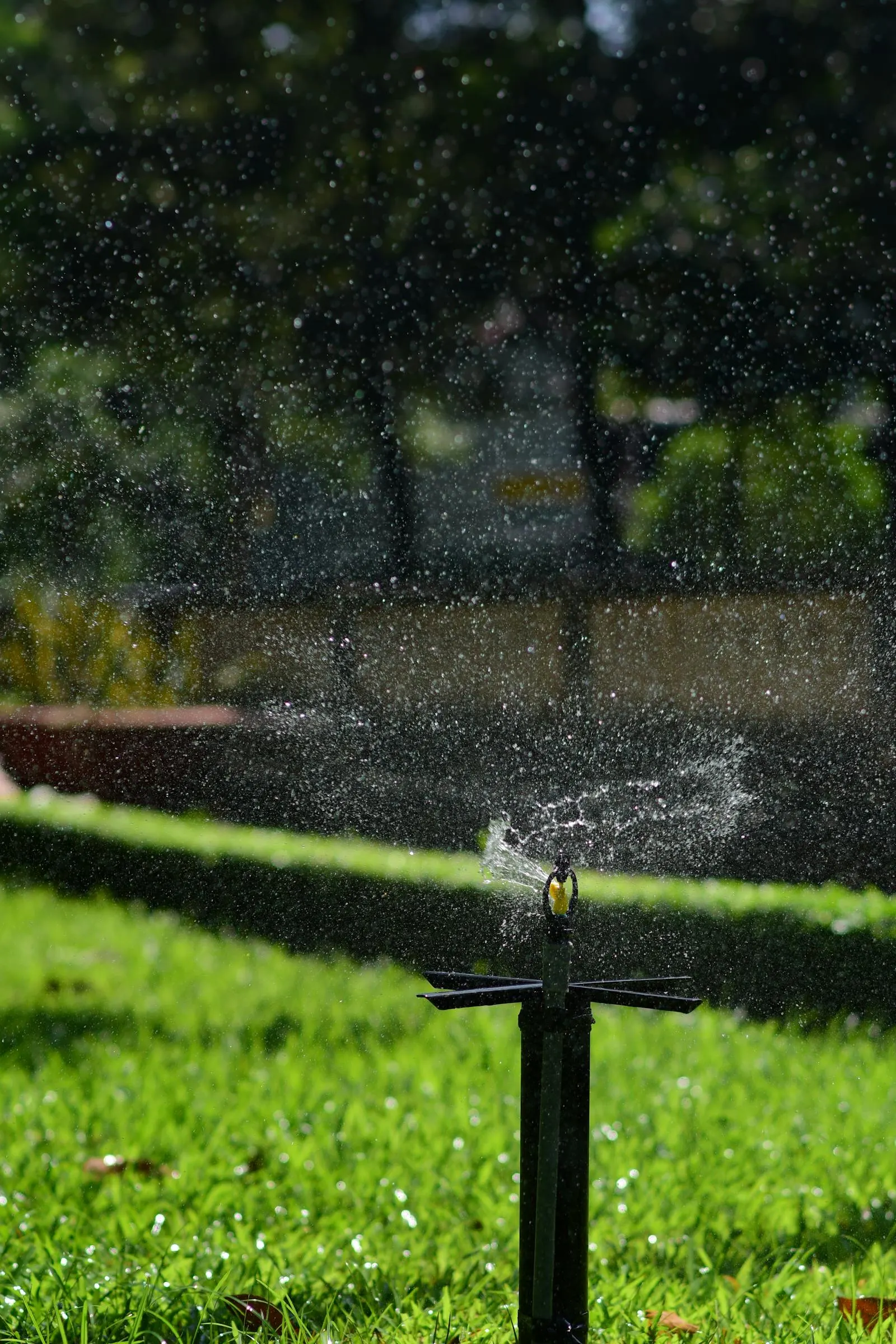 Drip-zone overspray catching morning light on a Phoenix lawn.